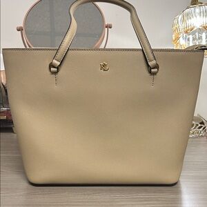 Ralph Lauren Beige Saffiano Tote with Gold RL Logo